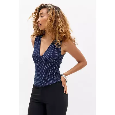 Motel Lycia Plunge Top - Navy L at Urban Outfitters
