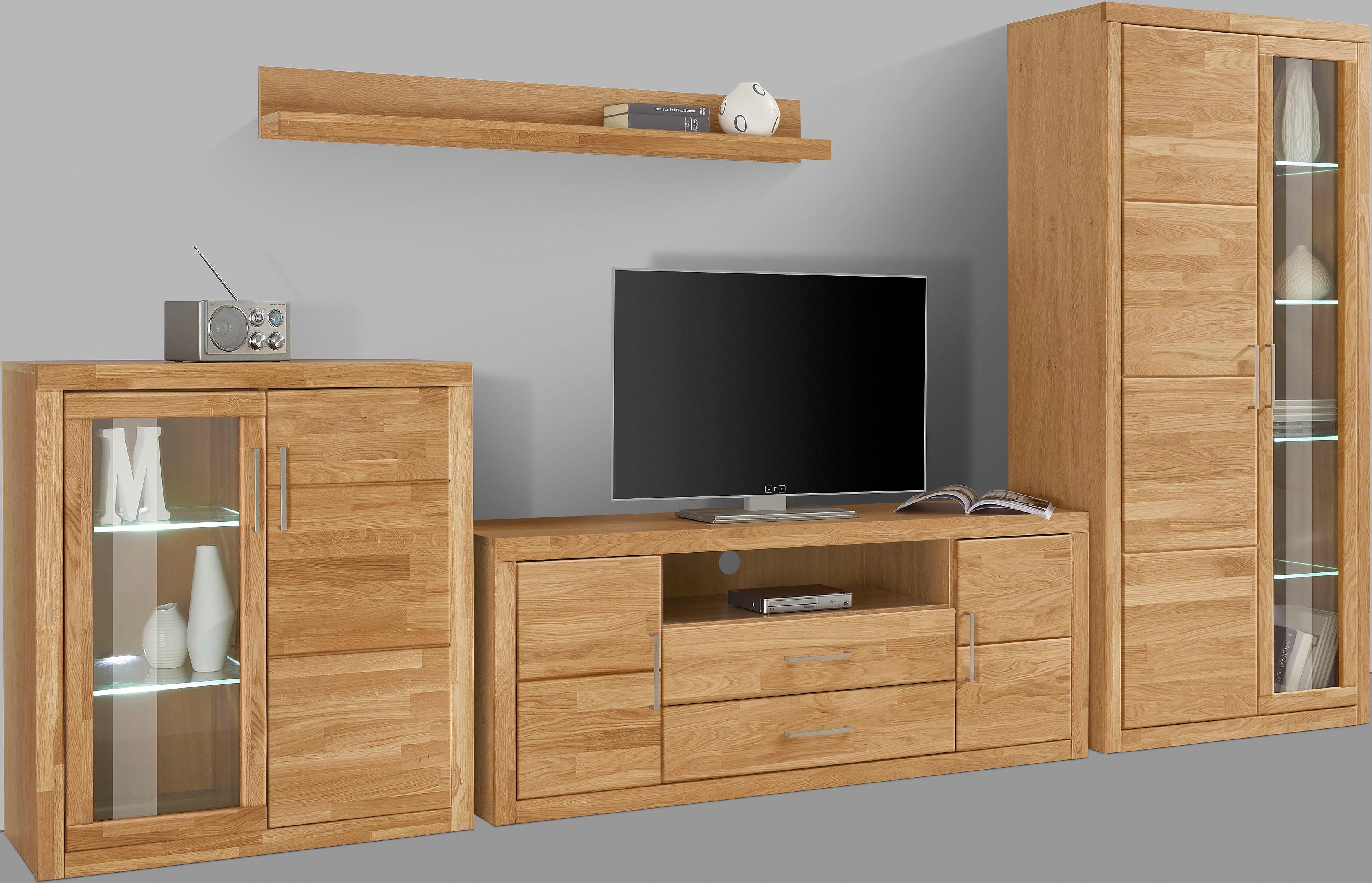 Wohnwand HOME AFFAIRE "Logo", braun (eiche teilmassiv), Holzwerkstoff eichefarben (Korpus) / Massivholz Eiche (Front), Kastenmöbel-Sets, teilmassives Holz