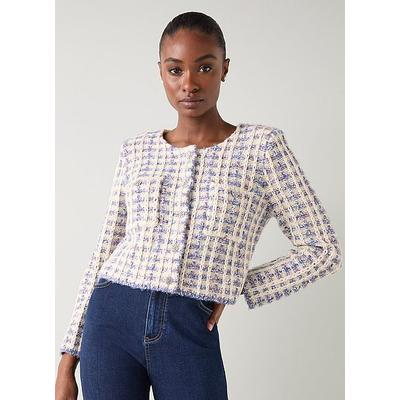 Millie Ivory Tweed Fluffy Shoulder Pad Cardigan, Ivory Mix