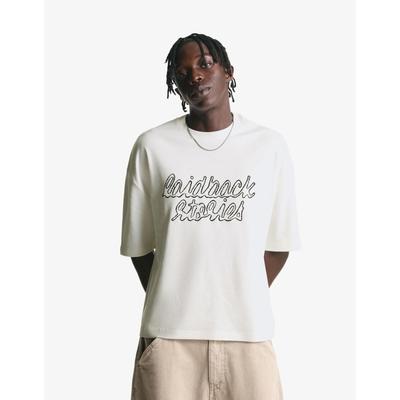 Bershka Embroidered Short Sleeve Boxy Fit T-Shirt Men Xs Off White