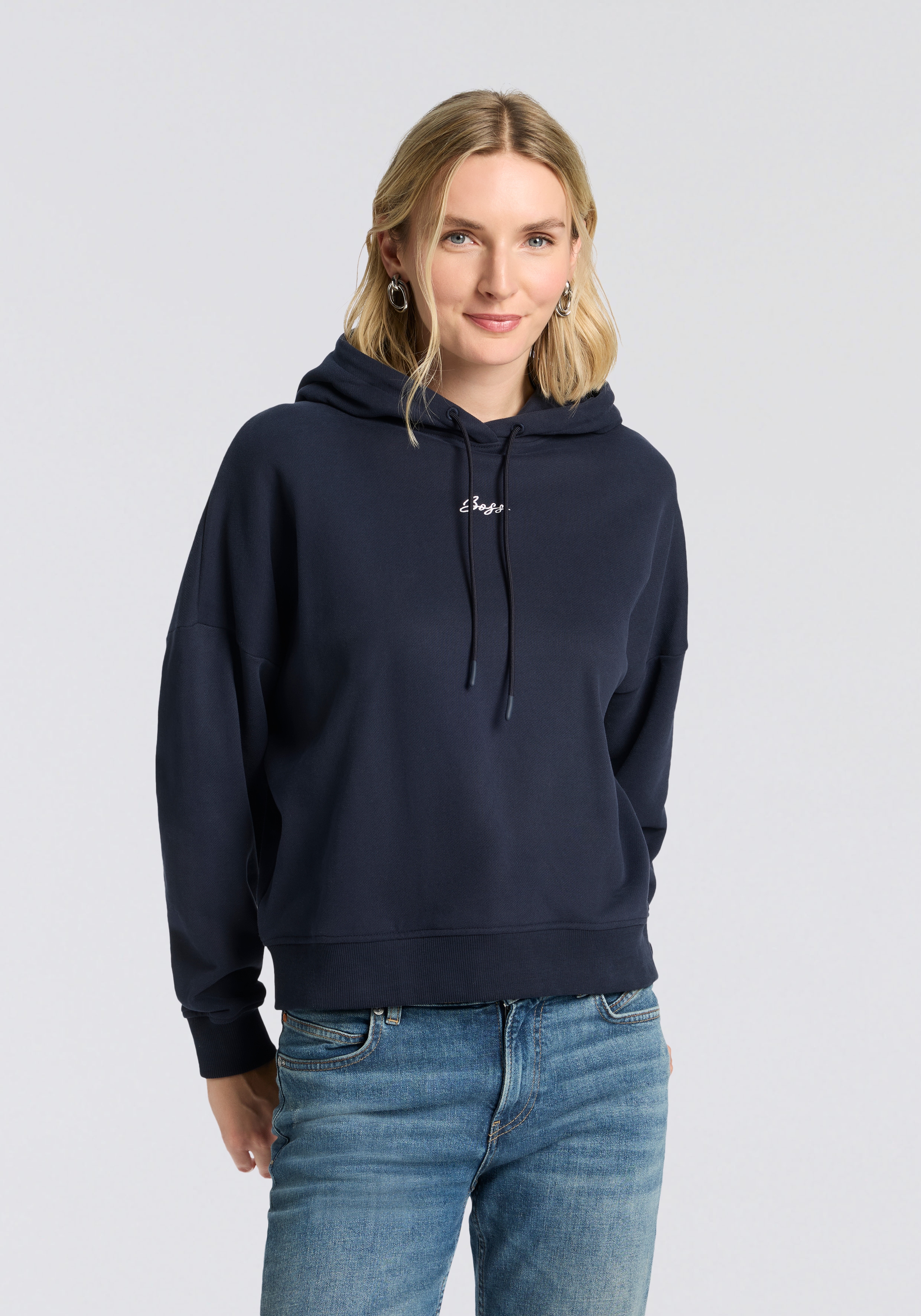 Hoodie BOSS ORANGE "Ehoody Premium Damenmode", Damen, Gr. M (38), blau (dunkelblau 408), Sweatware, Obermaterial: 100% Baumwolle, unifarben, normal, angesetztes Bündchen, Sweatshirts Hoodie, mit gesticktem Logo