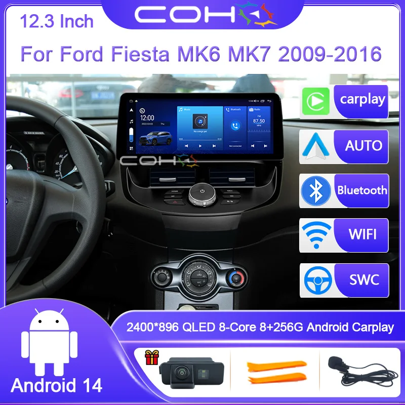 12,3 Zoll Für Ford Fiesta MK6 MK7 2009-2016 8-Core 8G + 256G Auto multimedia-Player Android 14 Stereo Empfänger Radio WIFI GPS 4G Image