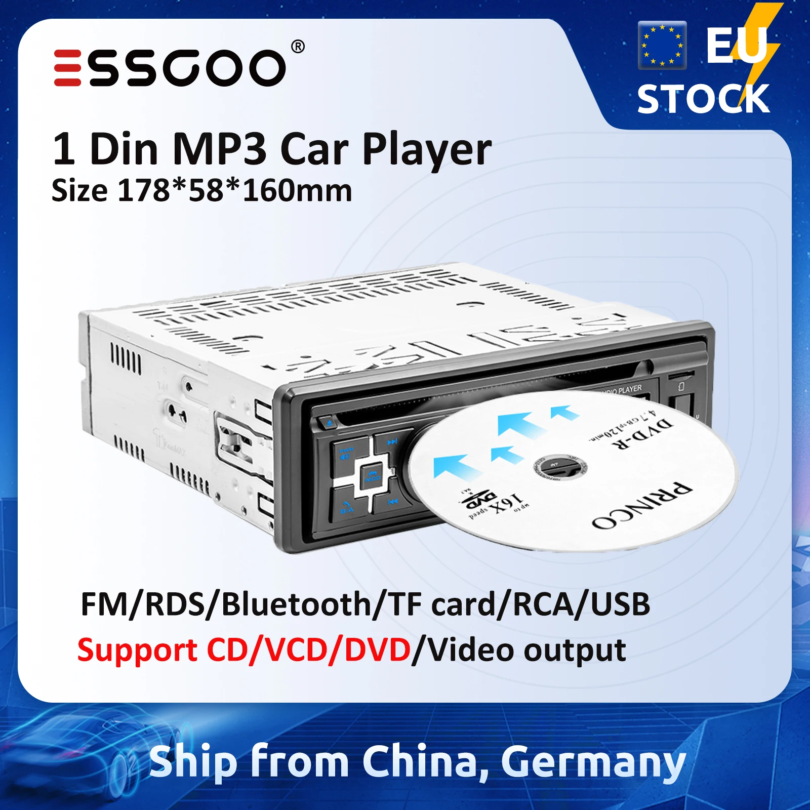ESSGOO 1 DIN CD/VCD/DVD Autoradio Autoradio AM RDS FM Bluetooth AUX RCA USB TF Karte Autoradio 1Din MP3 Multimedia Player Image