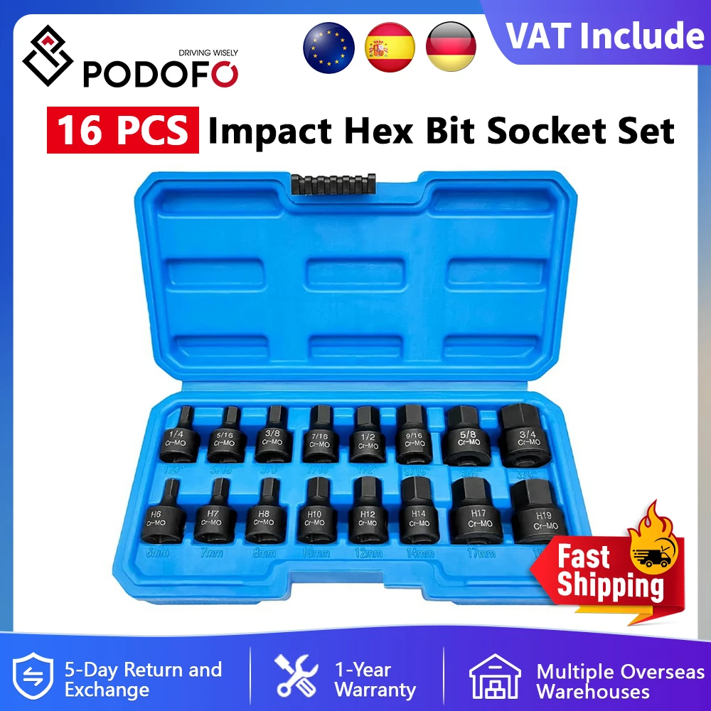 Podofo 16 pz Set di bussole Set di driver esagonali a impatto da 6 a 19mm Metrico da 1/4 "a 3/4" Chiave a cricchetto esagonale Strumento manuale di riparazione con scatola Cr-Mo