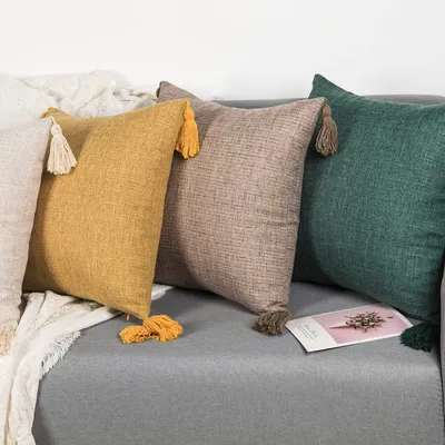 Kissen/Kissenbezüge aus massivem Leinen, europäisch, mit Quasten, Dekokissen, 45,7 x 45,7 cm, quadratisch, für Zuhause, dekorativ für Couch, Kinder, Schlafbett Image
