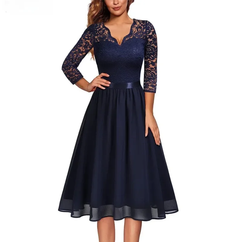 2024 neue Retro Frühling Frauen V-Ausschnitt Ärmel Spitze Kleid Vintage Kragen Chiffon schlank sexy elegante mittellange Kleider Streetwear