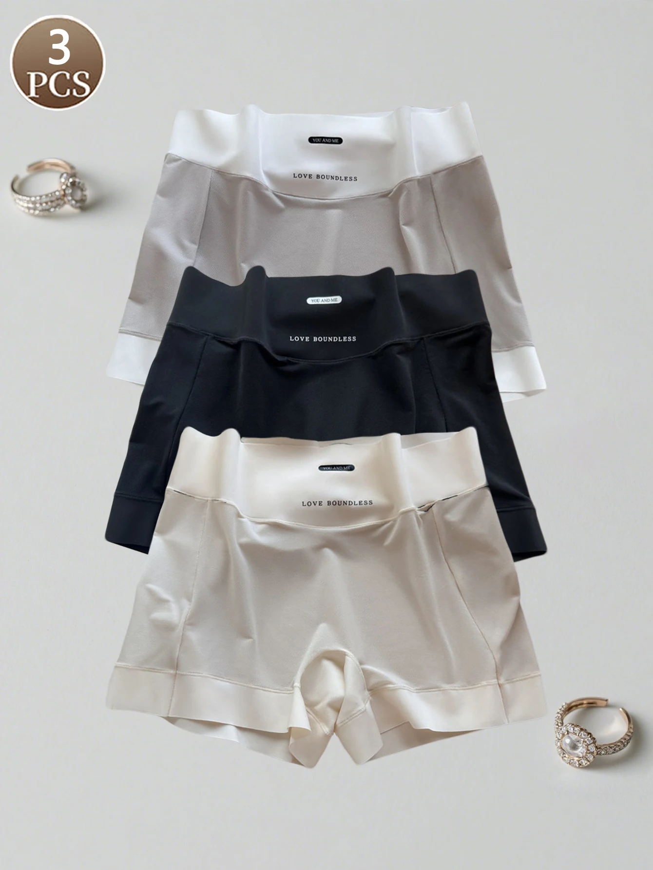 3-teilige Damen-Boxershorts mit Buchstaben-Design, modisch, lässig, Basic-Stil, gestrickt, reine Farbe, mittlere Taille, bequemer Damen-Slip Image