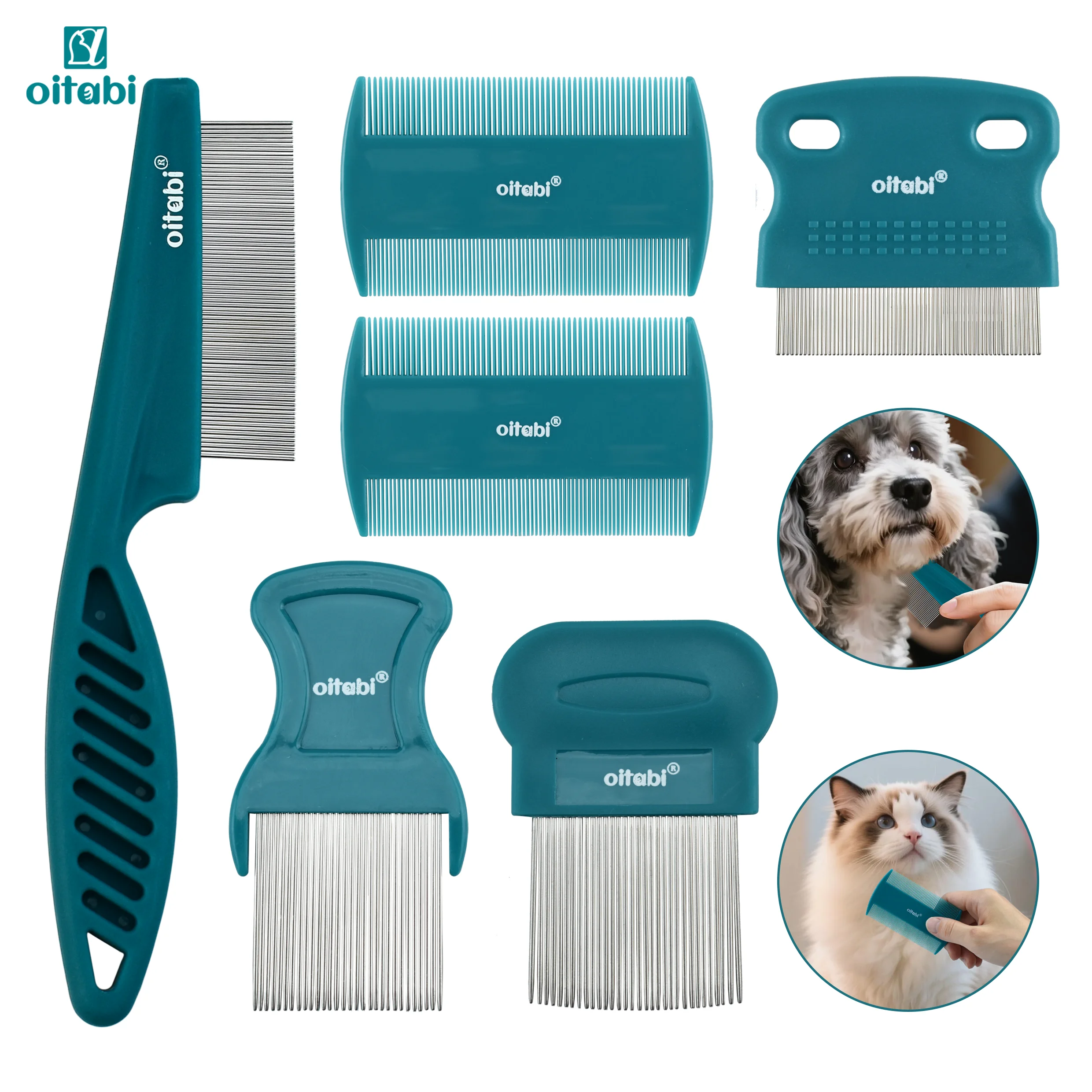 Oitabi 3/4/5/6-teiliges Pflegekamm-Set für Hunde, Flohläuse aus Edelstahl für Katzen, 2-in-1 doppelseitiger Hunde-Tränenfleckenentferner Image