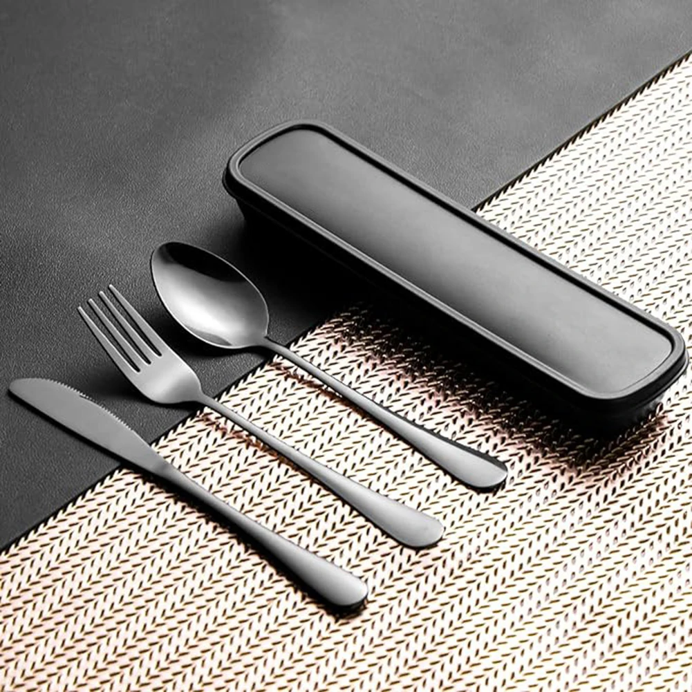 Besteckset 3 -teiliges Edelstahl -Besteckset Set Waschbar wiederverwendbar mit Aufbewahrungsbox Lebensmittelqualität Edelstahl für die Reise