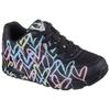 Wedgesneaker SKECHERS "UNO-SPREAD THE LOVE", Damen, Gr. 38, schwarz (schwarz multi), Lederimitat, kontrastfarbene Details, sportlich, Schuhe, Freizeitschuh, Halbschuh, Schnürschuh mit coolem Graffiti-Print