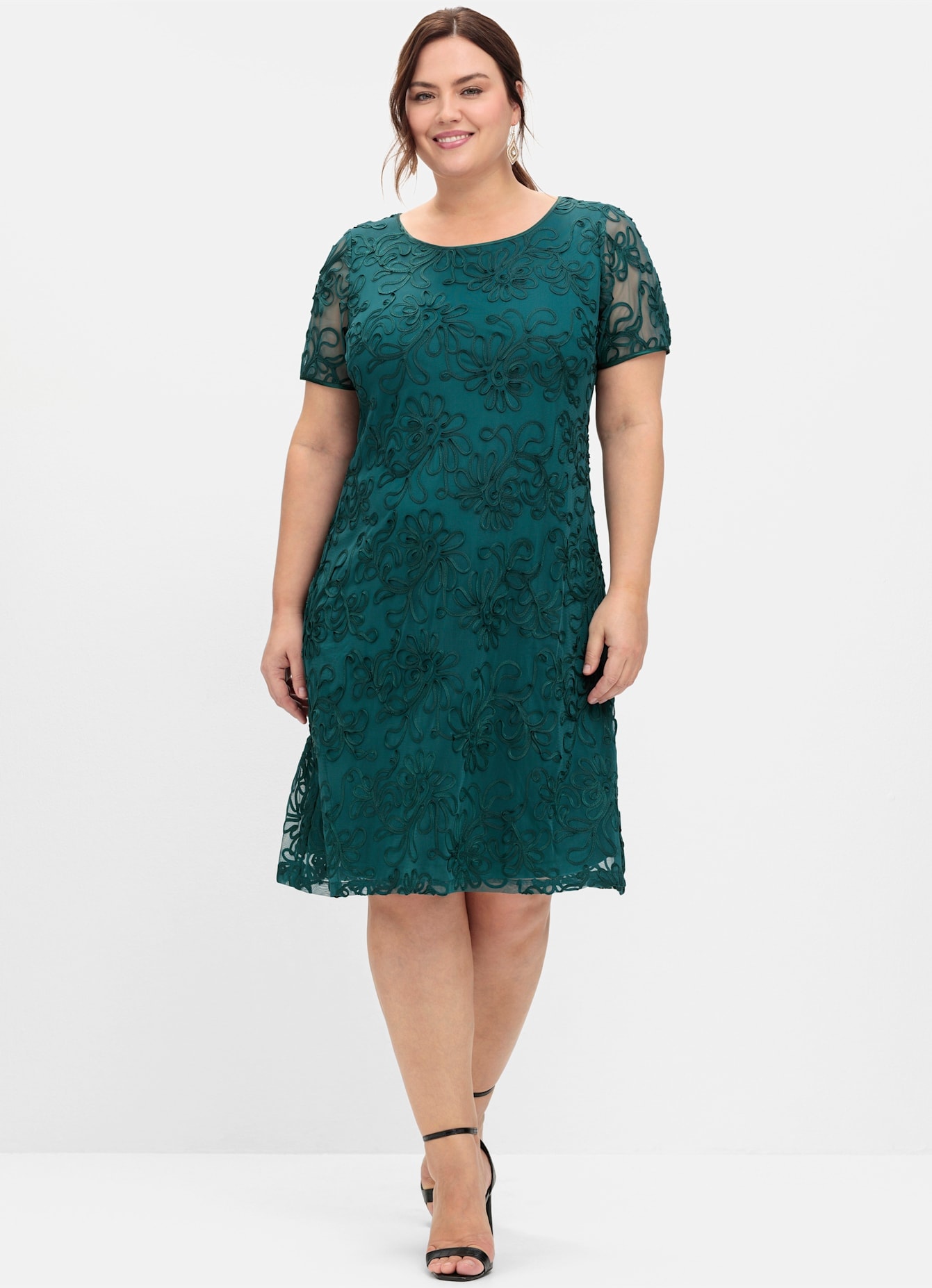 Cocktailkleid SHEEGO "Cocktailkleid", Damen, Gr. 52, Normalgrößen, blau (petrol), 100% Polyester, unifarben, knielang, Rundhals, Kleider Image