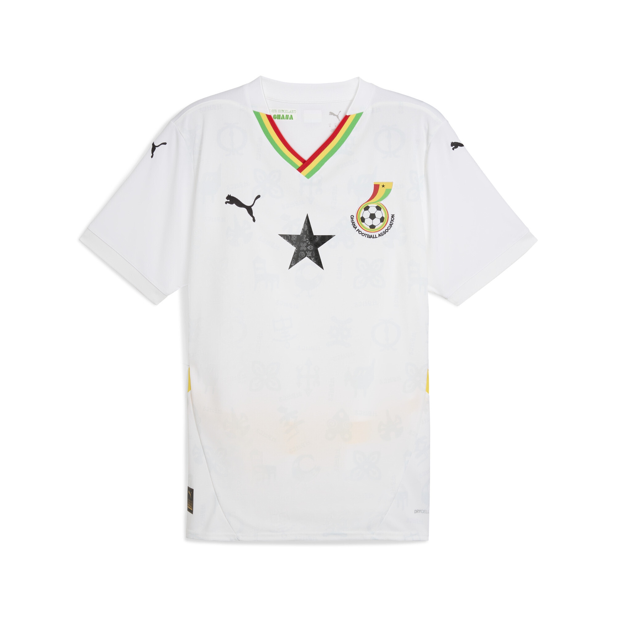 Trainingsshirt PUMA "Ghana 2025 Heimtrikot Herren", Herren, Gr. XS, gelb (weiß pelé gelb), Obermaterial: 100% Polyester; Kragen: 97% Polyester, 3% Elasthan; Rippe: 100% Polyester, bedruckt, regular fit, V-Ausschnitt, Shirts Image