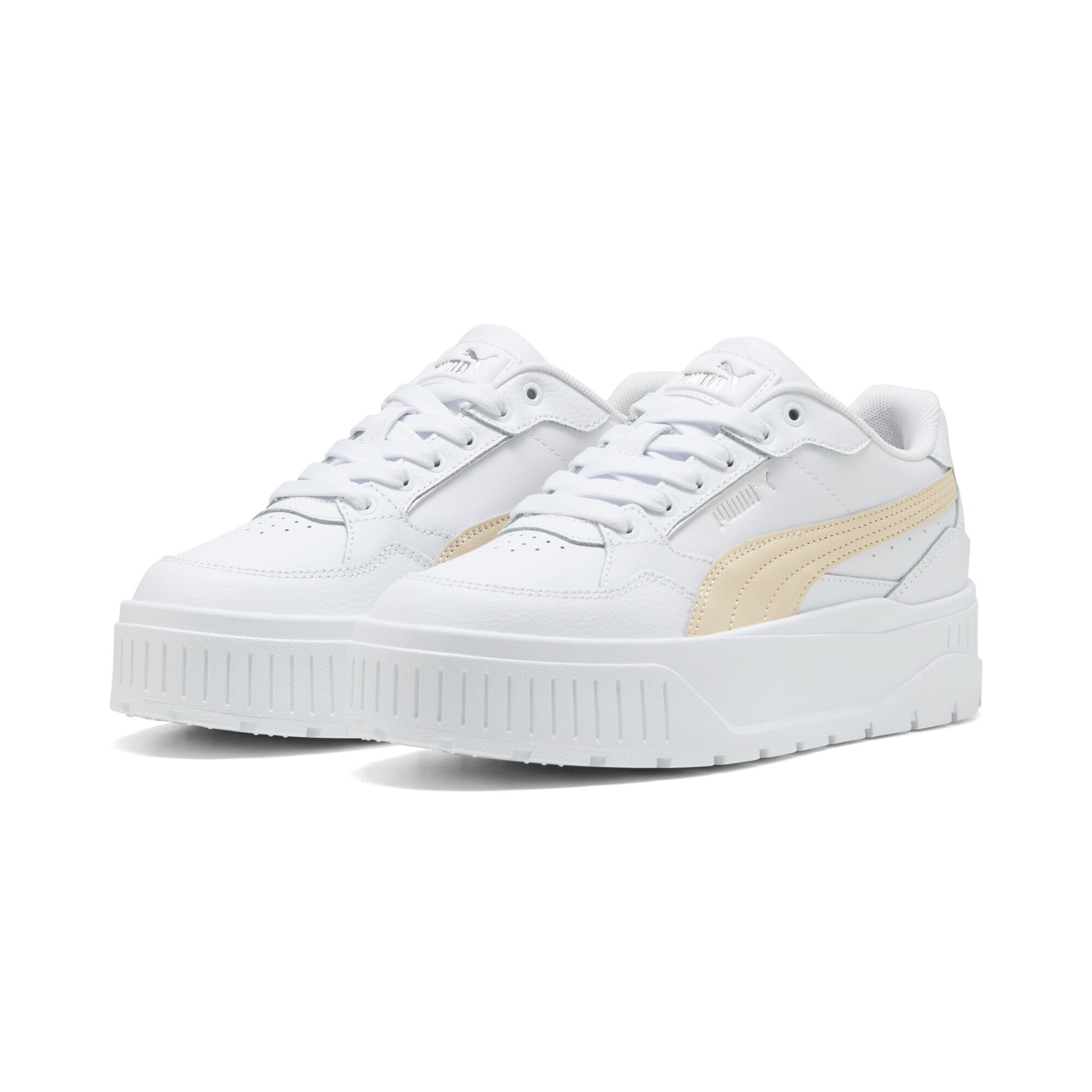Sneaker PUMA "Karmen II Idol Sneakers Damen", Gr. 38,5, weiß (weiß canvas beige), Obermaterial: Synthetik, Kuhleder, Textil; Futter: Textil; Innensohle: Textil; Laufsohle: Gummi, Schuhe
