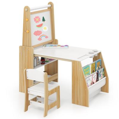 Costway Kids Art Table and Chair Set with Easel and Chair for Drawing Reading-Natural