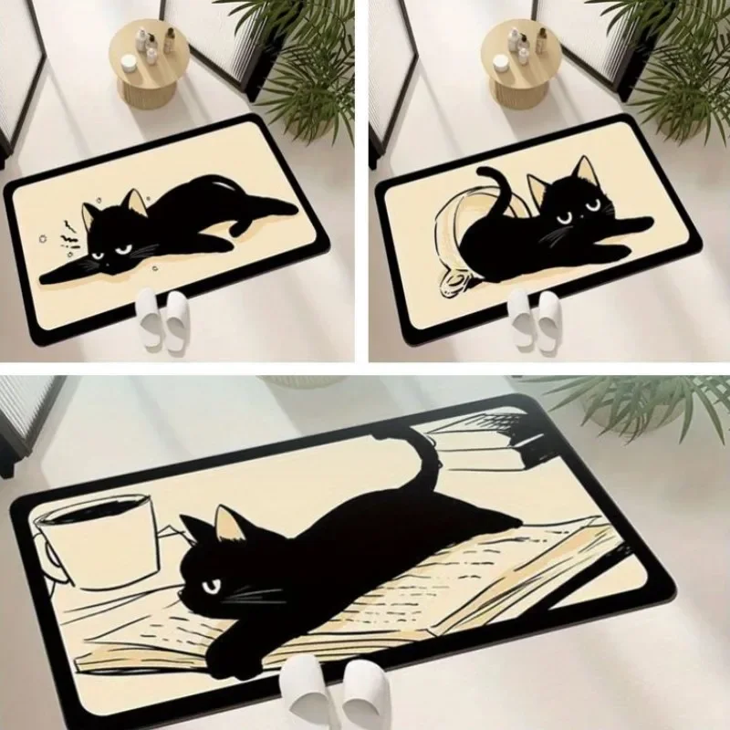 Tapis de bain en boue de diatomée chat noir, antidérapant, Super absorbant, pour salle de bain, entrée, salle de bain, buanderie, cuisine, décoration de la maison
