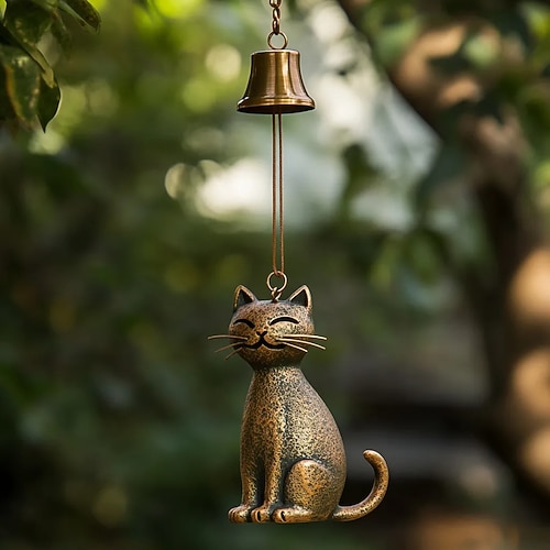 handgefertigtes Retro-Katzen-Windspiel, Vintage-Kupfer-Windspiel in Katzenform mit Glocke, Dekoration zum Aufhängen im Freien für Veranda und Garten, ideale Geschenke für Katzenliebhaber Image
