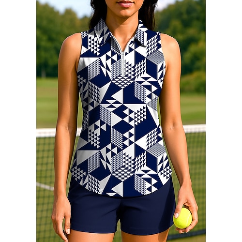 Damen Geometrisch Oberteile Sporthemd Golf-Poloshirt Tennis Shirt Ärmellos Reißverschluss UPF50 UV-beständig Hohe Elastizität Feuchtigkeitsableitend Atmungsaktiv Tennis Pickleball Laufen Image