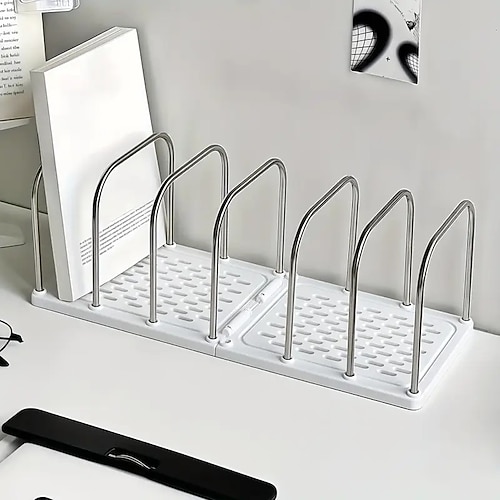 Schreibtisch-Bücherregal aus Edelstahl und PP mit rutschfester Basis, verstellbare Trennwände, vertikale kompakte Buchstützen, moderner minimalistischer Schreibtisch-Organizer für Post, Image