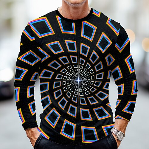 Herren Geometrisch 3D T Shirt Langarm T-Shirt 3D-Druck Rundhalsausschnitt Hemd Mode Übertrieben Straße Lässig Täglich Rote Blau Grün Sommer Frühling Herbst Bekleidung S M L XL XXL XXXL Image