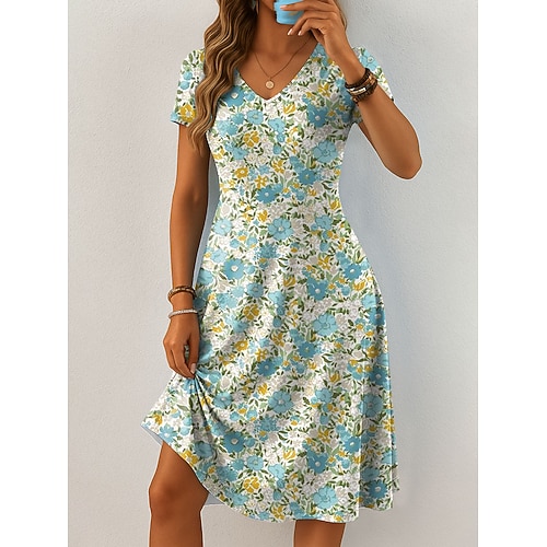 Ostern Damen Midikleid Freizeitkleid T-Shirt-Kleid Sommerkleid A Linie Kleid Elegant Urlaub Lässig Strand Normale Passform Blumen Grafik Blatt Kurzarm V Ausschnitt Blau Purpur Grün Beige Sommer Image