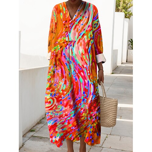 Damen Midi Kleid V-Ausschnitt Langarm Kaftan Leicht Lockerer Schnitt Shift Kleid Lässig Ausgehen Lockerer Schnitt Grafisch Geometrisch Abstrakt Langarm V-Ausschnitt Blau Lila Orange Grün Herbst Image