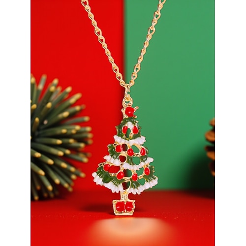 Weihnachtsbaum-Schmuckset für Damen mit festlicher Emaille-Anhängerkette und Tropfenohrringen – Party-Accessoires für Weihnachtsfeiern und zum Verschenken Image