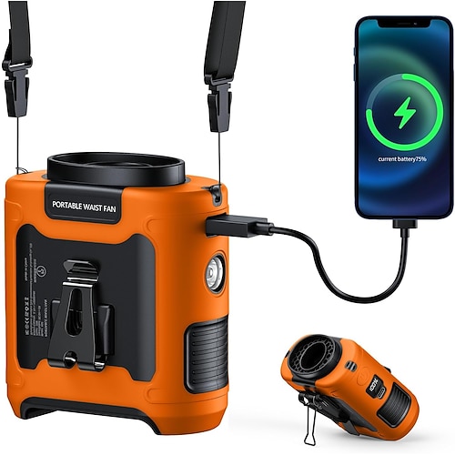 tragbarer Ventilator zum Anklipsen der Taille, 10.000 mAh, tragbarer Gürtel, persönlicher Kühlventilator für Hemden, wiederaufladbar mit 5 Geschwindigkeiten, Taschenlampe, Nackenventilator, Image