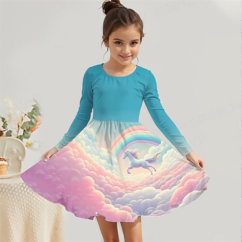 Mädchen' 3D Einhorn Kleid Langarm Sommer Frühling Urlaub Täglich Ferien Prinzessin Schön Süß Kinder 4-12 Jahre Freizeitkleid A Linie Kleid Knielang Normale Passform Image