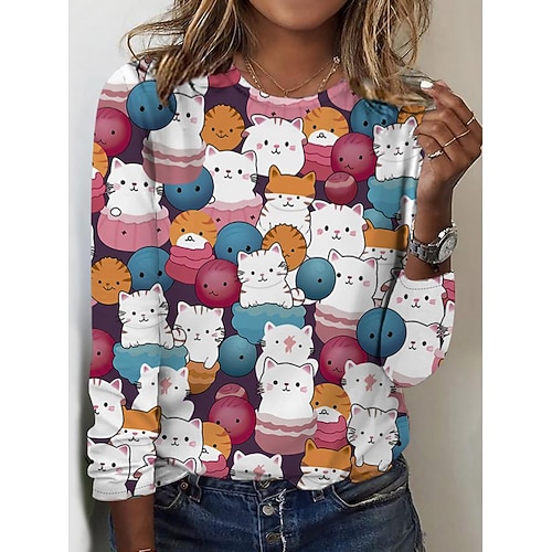 Damen T-Shirt Langarm Crew Neck Langarm Tunika Grafik Tier Vintage Stylisch Modern Reguläre Tops Täglicher Druck Weiß Gelb Regenbogen Herbst Vorsaison Image
