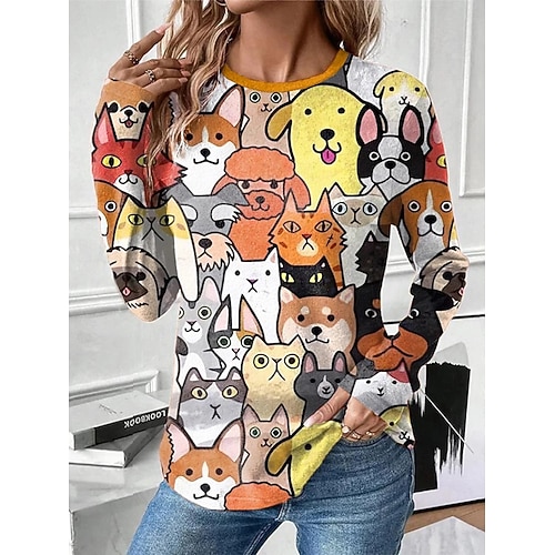 Damen T-Shirt Langarm Crew Neck Langarm Tunika Grafik Tier Vintage Stylisch Modern Reguläre Tops Täglicher Druck Weiß Gelb Regenbogen Herbst Vorsaison Image