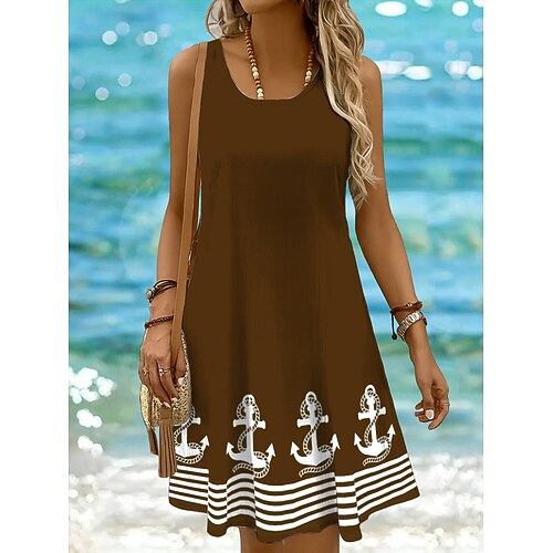 Damen Minikleid Sommerkleid A Linie Kleid Schulterfreies Kleid Urlaub Lässig Boho Ferien Strand Normale Passform Grafik Geometrisch Gestreift Ärmellos Rundhalsausschnitt Rundausschnitt Schwarz Wei Image