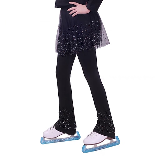 Über die Stiefel Eiskunstlaufstrumpfhosen Eiskunstlaufhose Damen Mädchen Eislaufen Strumpfhosen Unterteile Schwarz Patchwork Netzstoff Spandex Dehnbar Training Übung Professionell Eiskunstlaufkleidung Image