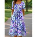 Damen Midikleid Freizeitkleid Sommerkleid A Linie Kleid Faltenkleid Urlaub Lässig Strand Ferien Normale Passform Blumen Grafik Kurzarm Rundhalsausschnitt Rosa Blau Orange Grün Sommer Frühling