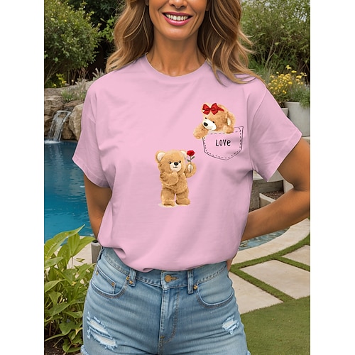 Damen T Shirt Druck Liebe Grafik Tiermotiv Vintage Stilvoll Klassisch Kurzarm Rundhalsausschnitt Rundhals Normale Oberteile Täglich Wochenende Blau Schwarz Weiß Gelb Rosa Sommer Frühling Image