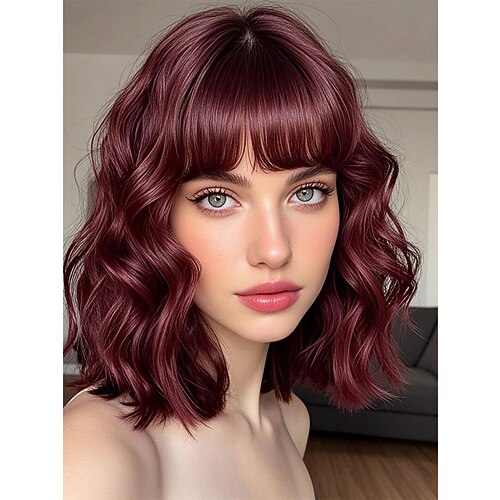 Braune, blonde Perücke mit Highlights und Pony, kurze, lockige Bob-Perücke für Frauen, schulterlang, 35,6 cm, natürlich aussehende Haarersatzperücken für Cosplay-Partys Image