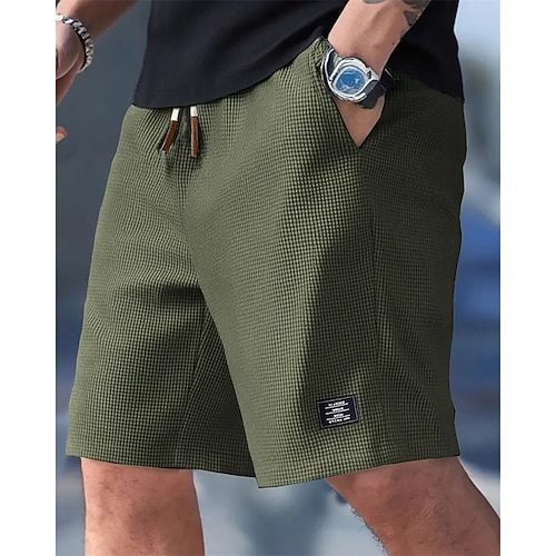 Herren Waffel-Shorts Shorts Sommershorts Freizeitshorts Tasche Elastischer Bund Kordelzug Einfach Komfort Atmungsaktiv Knielang Outdoor Urlaub Sport Lässig Schwarz Weiß Mikroelastisch Image