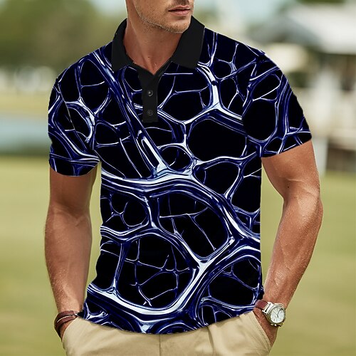 Herren Abstrakt Geometrisch Polo Kurzarm Polo-Shirts Revers Lässig Straße Athleisure Outdoorbekleidung Alltagskleidung 3D-Druck Knöpfe Sommer Schwarz Weiß Marineblau Image