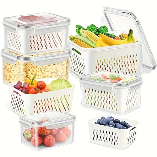 6er-Pack BPA-freie Vorratsbehälter aus Polypropylen mit Deckel, stapelbare Kühlschrank-Organizer-Behälter mit Abtropfschale für Obst, Gemüse und Trockenwaren, vielseitiges Aufbewahrungssystem für die Image