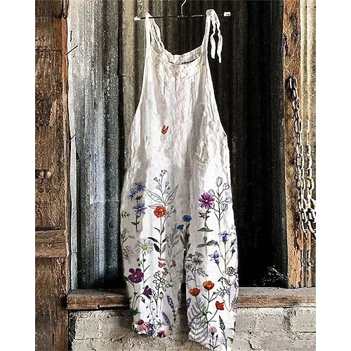 Damen-Jumpsuit im Streetwear-Stil, ärmellos, mit Blumenmuster und U-Ausschnitt, aus Baumwoll-Leinen-Imitat, normale Passform, in Schwarz, Weiß und Gelb, für den Sommer. Image