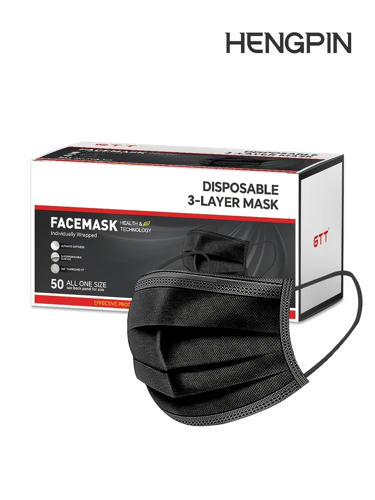 HENGPIN 100/200 Stück medizinische schwarze Einweg-Gesichtsmaske, 3-lagiger Schutz für Erwachsene, Männer und Frauen Image