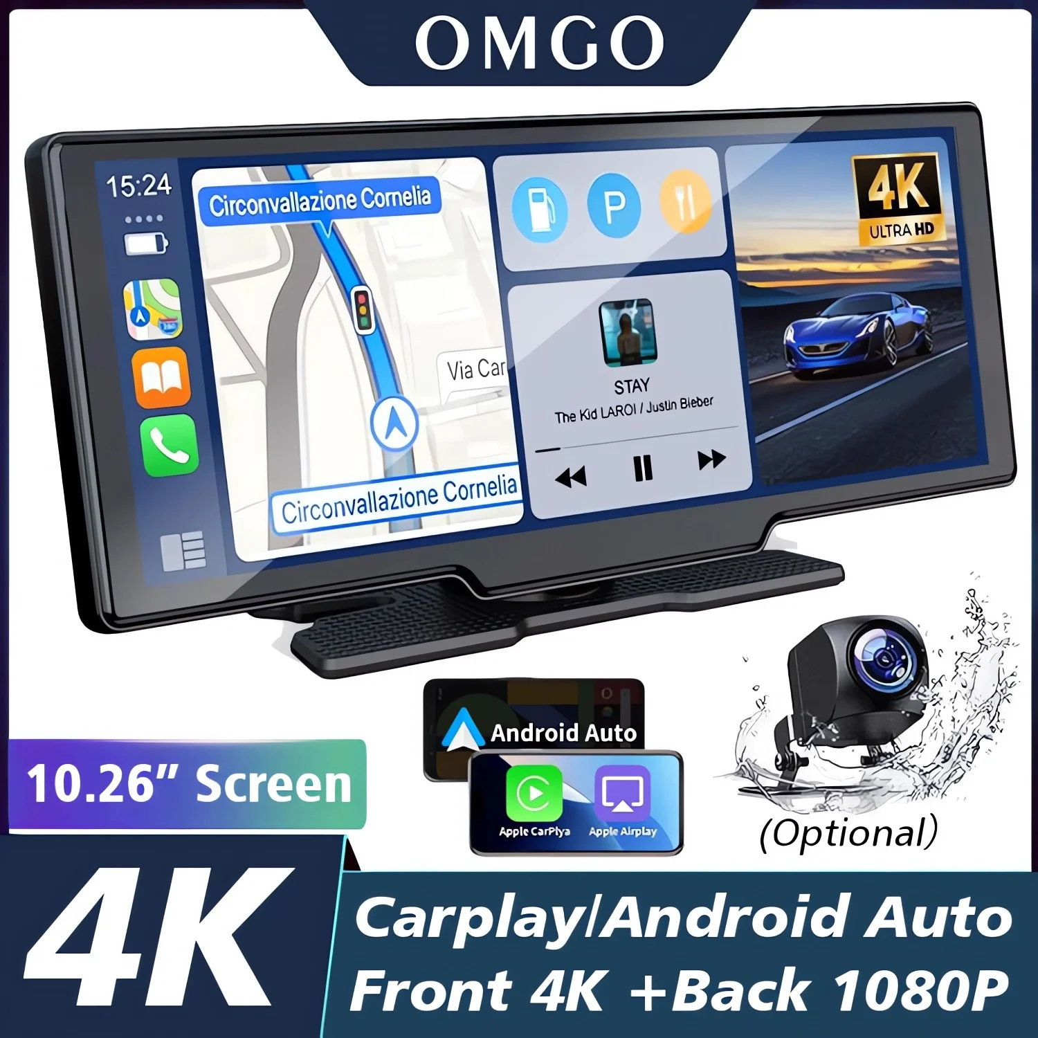 10,26 "4K 2160P Auto Dvr Carplay Android Auto Dash Cam GPS WIFI BT FM Stream Rückspiegel Dashcam Dvrs Kamera Stick Recorder Image