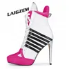LAIGZEM Damen-Stiefeletten, Patchwork, dünne High Heels, kurze Stiefel, Schnürung, handgefertigte Damenschuhe, Damen, große Größe 38, 41 45 47