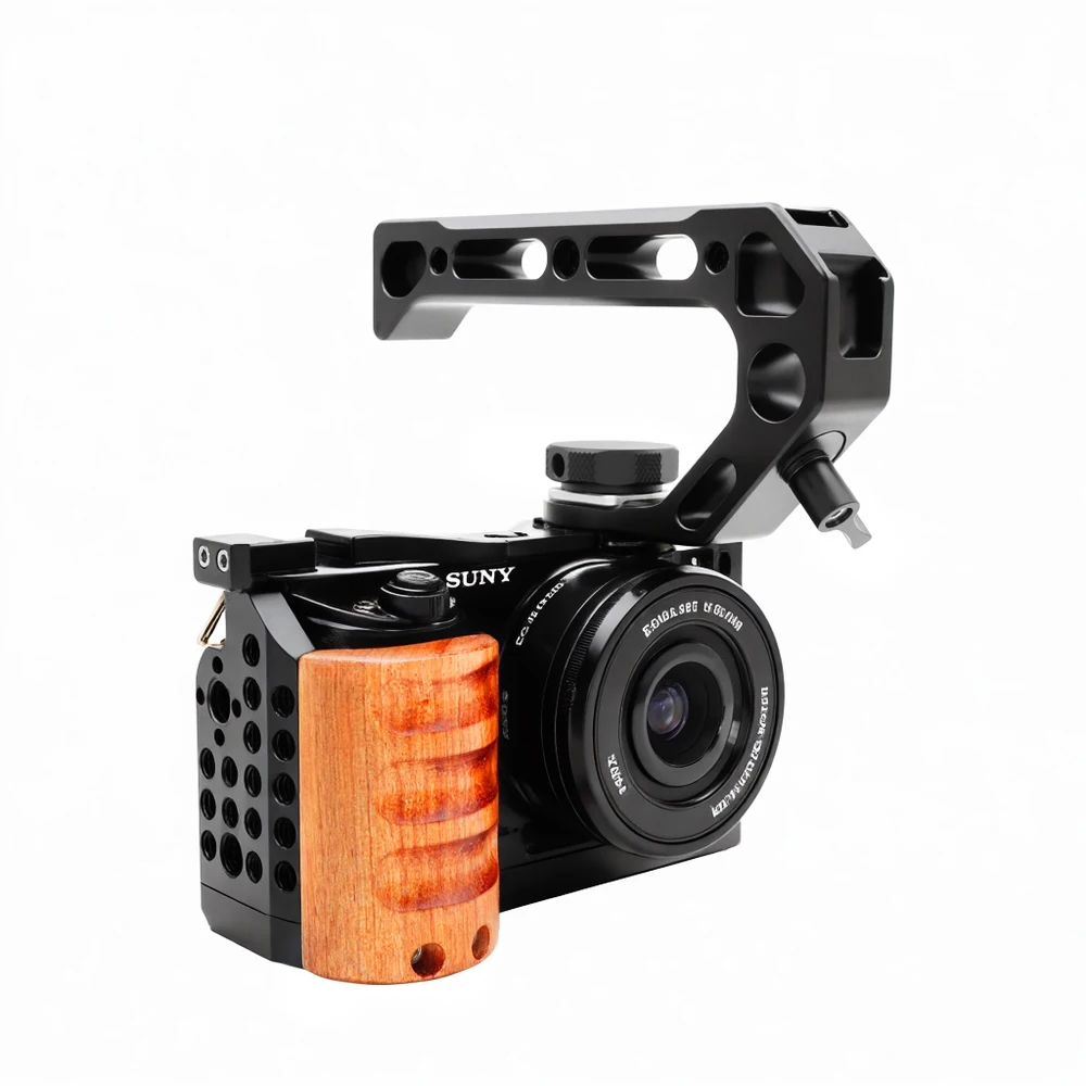 Kamerakäfig-Rig-Stabilisator für Sony a6000 / A6100 / 6300/6400 / DSLR-Halterung mit Holzgriff, Kaltschuh mit 1/4 3/8 Gewinde Image