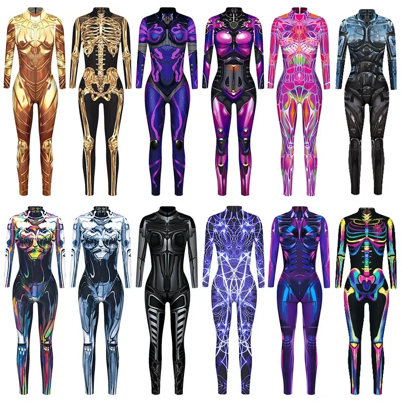 Frauen Cosplay Kostüm Mechanische Druck Body Halloween Punk Roboter Skelett Overall Dünne Elastische Zipper Kunst Zentai Anzug Image