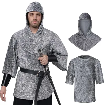 Renaissance Faux Chain Mail Armor Tunika Shirt Coif Mittelalterlicher Ritter Cowl Crusader Kostüm Outfit Armschienen Taillengürtel Set Image