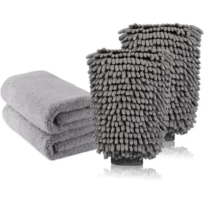 Large Size Car Wash Mitt-Premium Chenille Microfiber Wash Glove and Microfiber Towels - Lint Free（2 Towels+2 Mitts）Grey