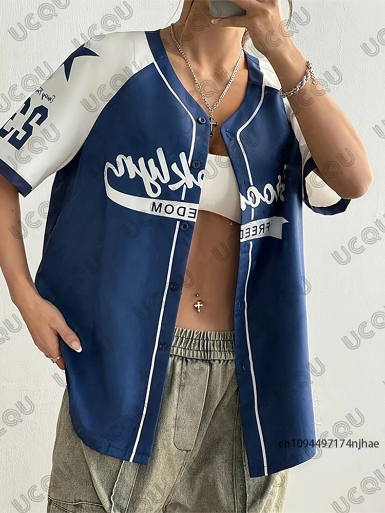 Sommer Neue Retro Blau Brooklyn Freedom 23, Druck Frauen Baseball Shirt Sport Streetwear Bluse Hip Hop Kurzarm Button Up Top