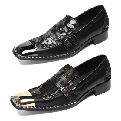 New printed men's square toe formal leather shoes black leather party formal shoes gold buckle shoes, formal shoes for men