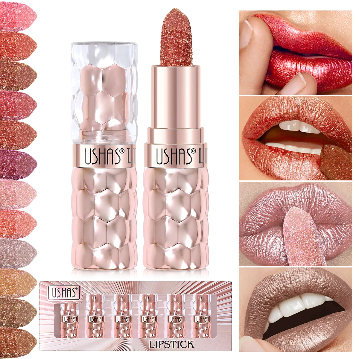 USHAS 6-teiliges perlmuttfarbenes, feines Flash-Lippenstift-Set, buntes, wasserfestes, antihaftbeschichtetes, feines Flash-Lippenstift-Set Image
