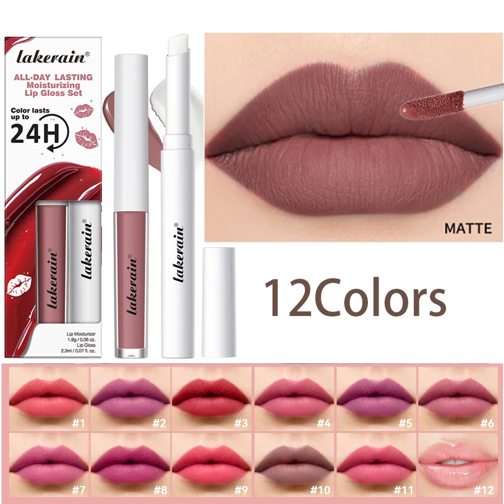 2 Stück mattierter Lippenfleck mit feuchtigkeitsspendendem Lippenstift-Set, sexy, langlebig, Samt, 12 Farben, antihaftbeschichtet, wasserdichtes Lippen-Set Image